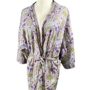 World Market Purple Floral Sage Kimono Robe One Size Housecoat Mid Length Gypsy